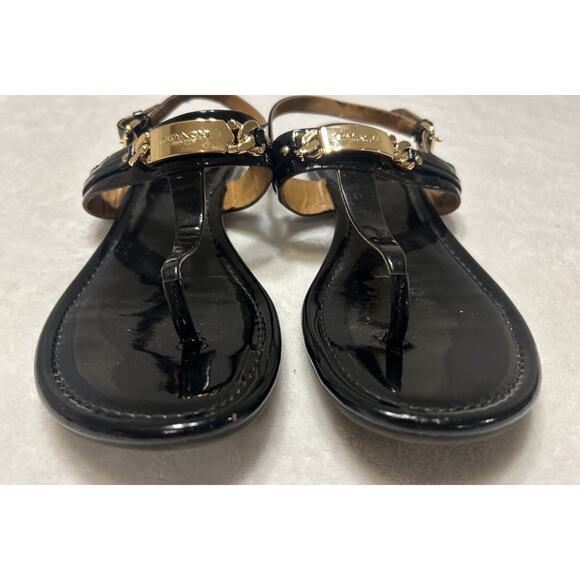 COACH Sandals Flats 9 B Caterine Black Patent Leather T-Strap Thong Sling Back - Picture 3 of 9